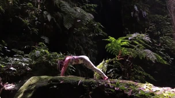 Flicka Och Yoga Vattenfall Och Bambu Skog — Stockvideo