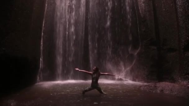 Girl Yoga Waterfall Bamboo Forest — Stock Video