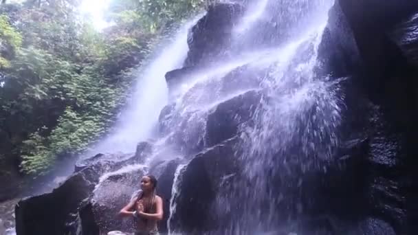 Girl Yoga Waterfall Bamboo Forest — Stock Video