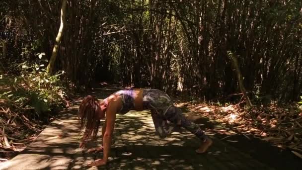 Chica Yoga Cascada Bosque Bambú — Vídeos de Stock