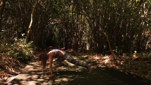 Chica Yoga Cascada Bosque Bambú — Vídeo de stock