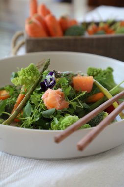 Sebzeli salata ve Çin çubuklu somon.