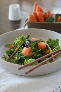 Sebzeli salata ve Çin çubuklu somon.