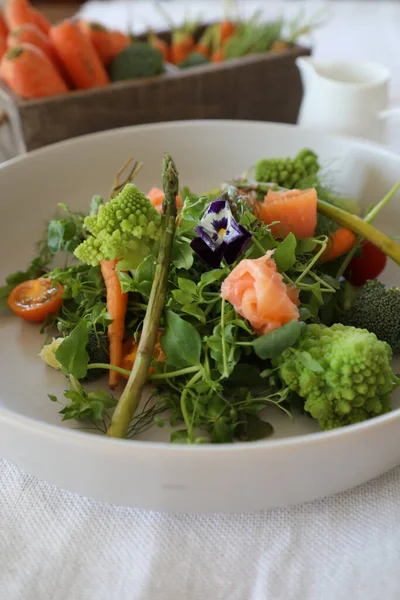 Salat mit Gemüse und Lachs mit chinesischen Sticks Stockbild