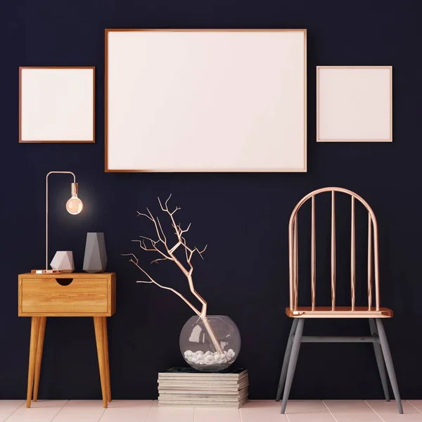 Posters in the interior in copper frames — Stock Photo, Image
