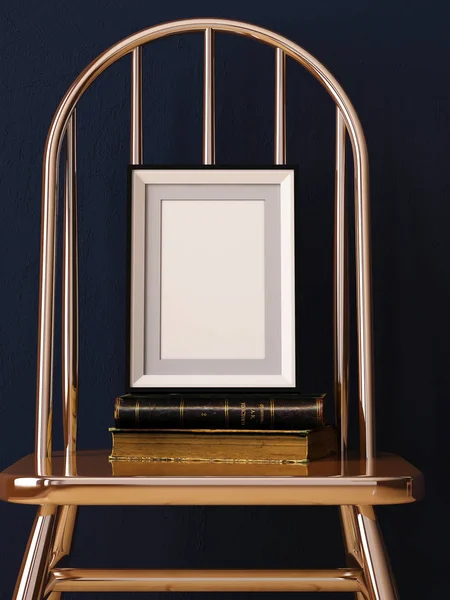 Maqueta de póster en un marco y libros en una silla . — Foto de Stock