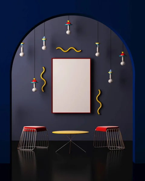 테이블과 의자가있는 어두운 인테리어. 모의 포스터 — 스톡 사진