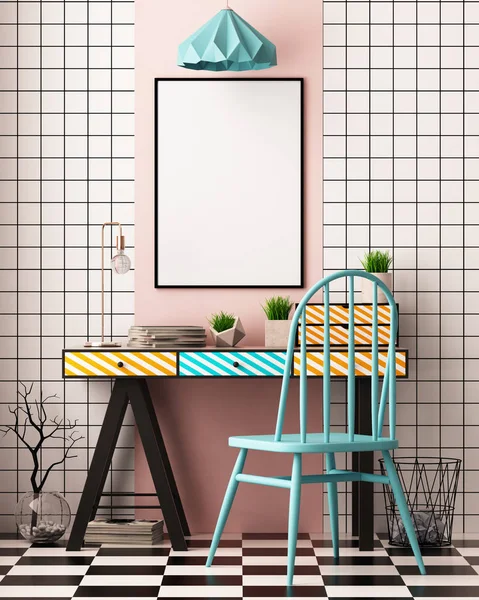 Colorful interior with painted table. mock up poster — Stock Photo, Image