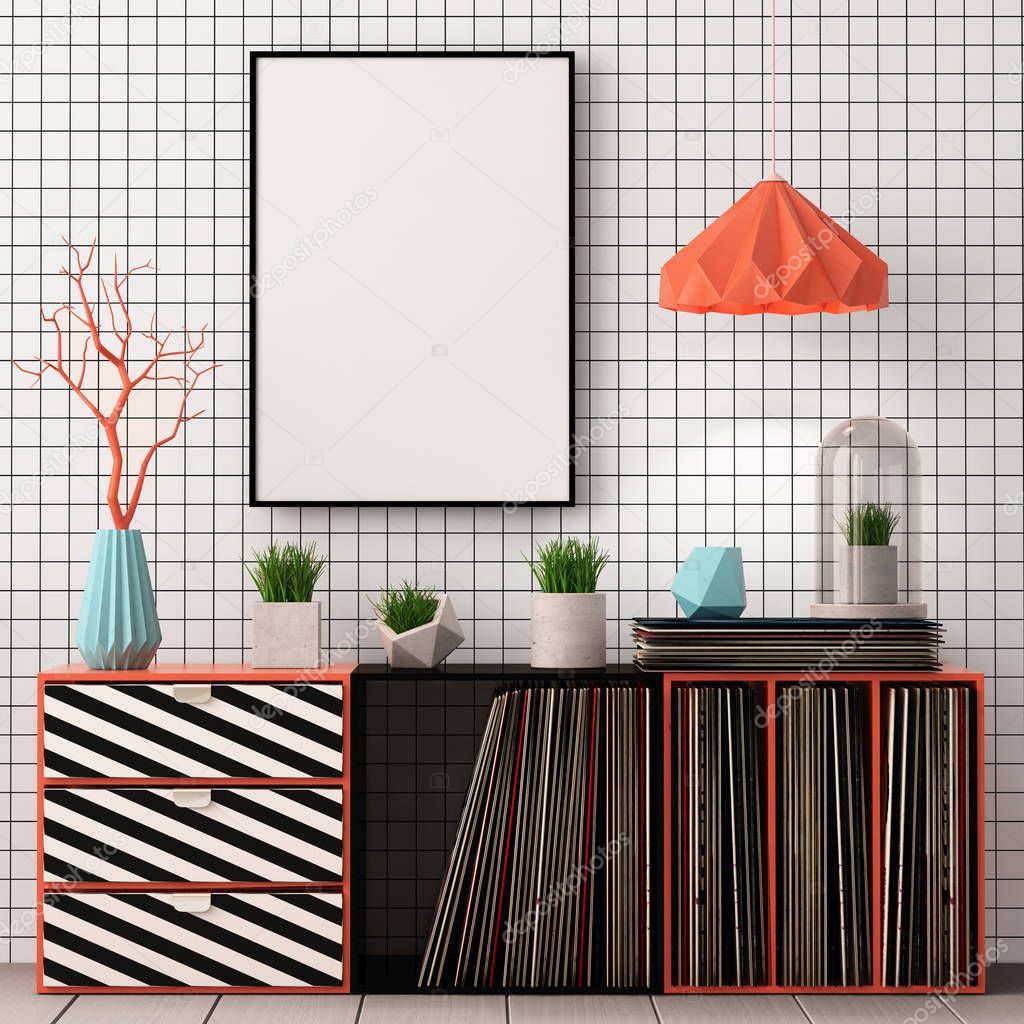 Colorful interior with locker. mock up poster — Stock