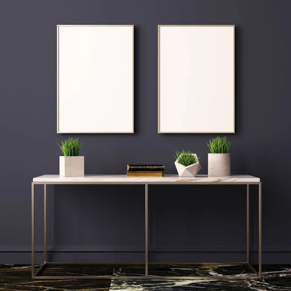 Intérieur de la chambre moderne avec table et cadres — Photo