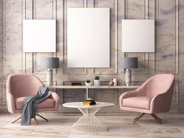 Сучасний інтер'єр кімнати з кріслами і лампами — стокове фото