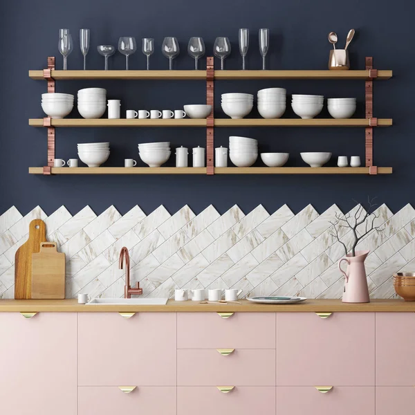 Внутренняя кухня в синем и розовом цветах — стоковое фото