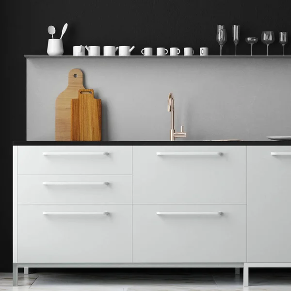 Interieur keuken in witte en zwarte kleuren — Stockfoto