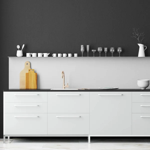 Beyaz ve siyah renklerde iç mutfak — Stok fotoğraf