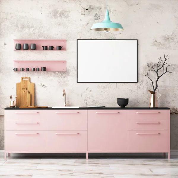 Cozinha interior em cores rosa — Fotografia de Stock
