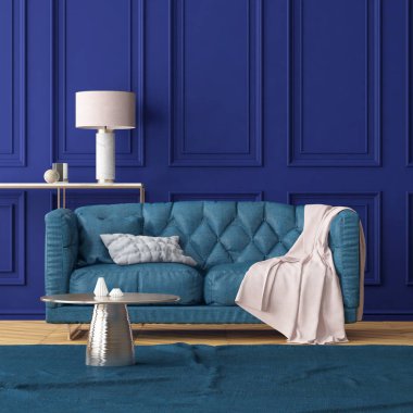 Mavi koltuk ile oturma odası modern iç. Trend rengi. 3D