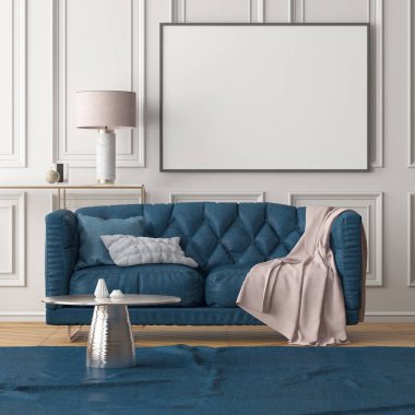 Beyaz duvar, mavi kanepe, lamba ve tablo boş çerçeve ile oturma odası modern iç. Trend rengi. 3D