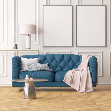 Beyaz duvar, mavi koltuk ve masa boş kareleri ile oturma odası modern iç. Trend rengi. 3D