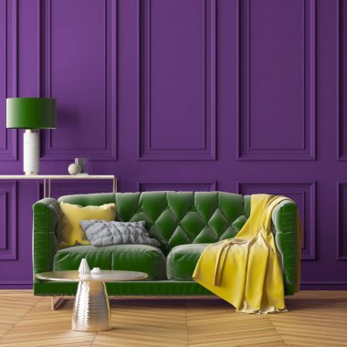 Mor duvar, yeşil kanepe ve yeşil lamba ile oturma odası iç. Trend rengi. 3D render
