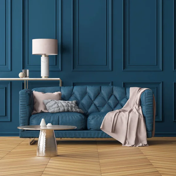 暗いブルーの壁とソファーのリビング ルームのインテリア トレンド カラー — ストック写真