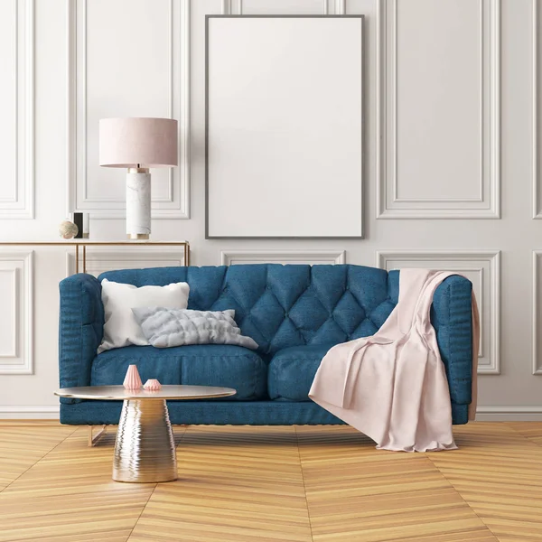 Living Room Modern Interior Blank Frame White Wall Blue Sofa — Stock Photo, Image