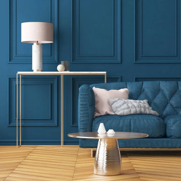 Salon Intérieur Avec Mur Bleu Foncé Canapé Couleur Tendance — Photo