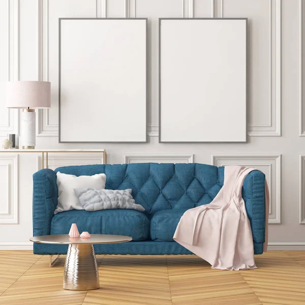 Wohnzimmer Modernes Interieur Mit Weißen Rahmen Weißer Wand Blauem Sofa — Stockfoto