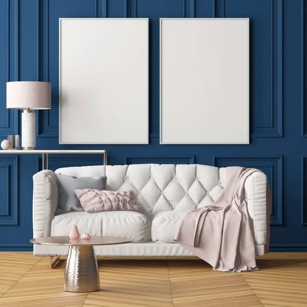 Wohnzimmer Modernes Interieur Mit Leeren Rahmen Dunkelblauer Wand Sofa Und — Stockfoto