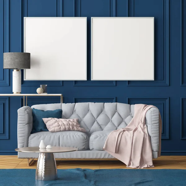 Living Room Modern Interior Blank Frames Dark Blue Wall Sofa — Stock Photo, Image