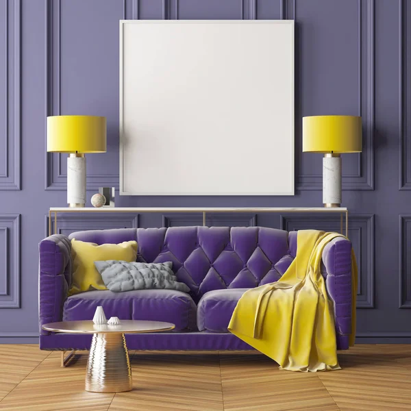 Interior of living room with purple wall, sofa, pillows, plaid and yellow lamps. Trend color. 3d render