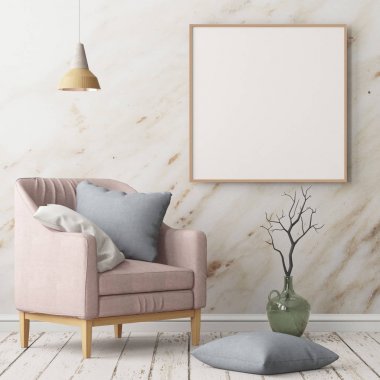 Oda iç koltuk ve mockup posteri ile. Modaya uygun renk. 3D render