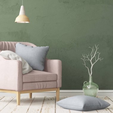 Bir koltuk ile ev iç. Modaya uygun renk. 3D render