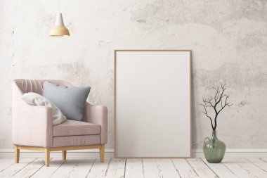 Oda iç koltuk ve mockup posteri ile. Modaya uygun renk. 3D render