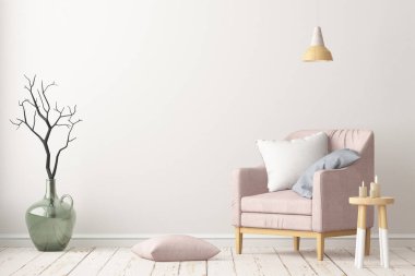 Bir koltuk ile ev iç. Modaya uygun renk. 3D render
