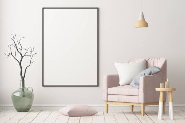 Oda iç koltuk ve mockup posteri ile. Modaya uygun renk. 3D render
