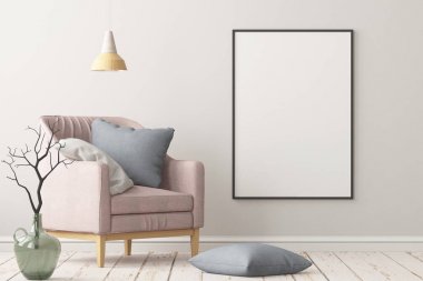 Oda iç koltuk ve mockup posteri ile. Modaya uygun renk. 3D render