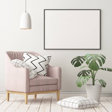 Oda iç koltuk ve mockup posteri ile. Modaya uygun renk. 3D render
