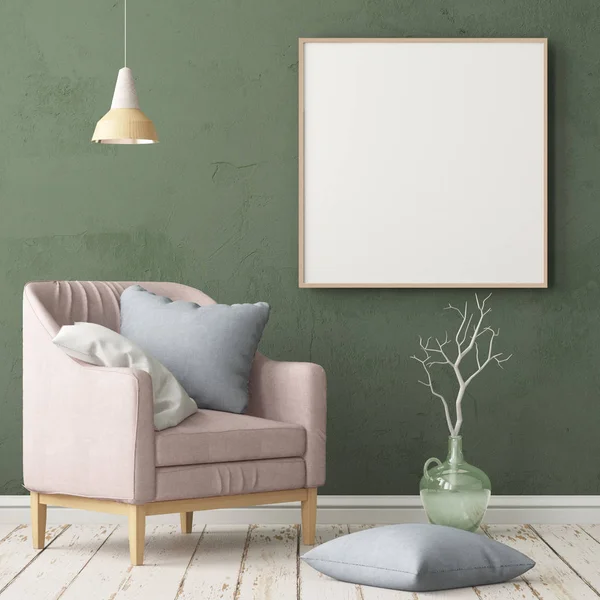 Interno Stanza Con Poltrona Poster Mockup Colore Alla Moda Rendering — Foto Stock