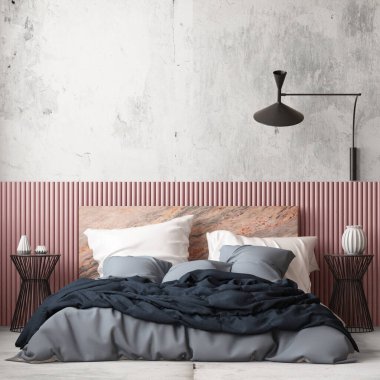 İskandinav tarzında modern yatak odasının renkli 3D görüntüsü