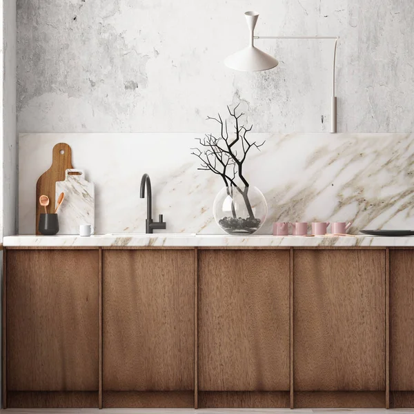 斯堪的纳维亚风格木制现代厨房内部的3D渲染 — 图库照片