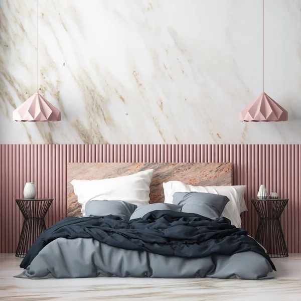 北欧スタイルのモダンなベッドルームのインテリアのカラフルな3Dレンダリング — ストック写真