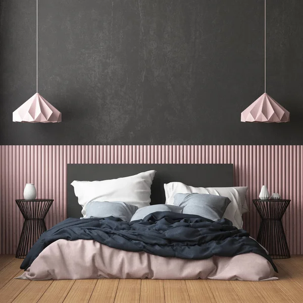 斯堪的纳维亚风格的现代卧房室内彩色3D渲染 — 图库照片