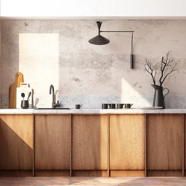 Rendering Der Modernen Holzküche Skandinavischen Stil Stockbild