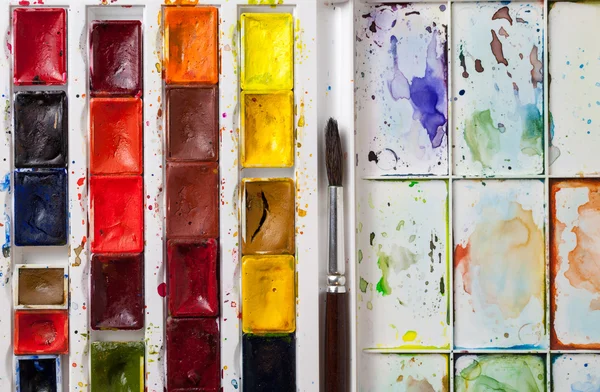 Närbild av akvarell palett, aquarelle paintbox — Stockfoto