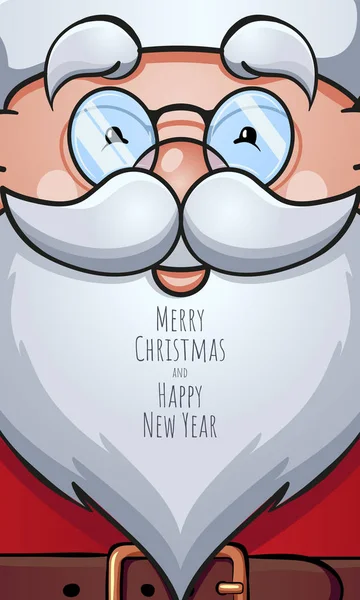 Vector cartoon close-up Santa Claus portrait as Christmas greeting card with congratulations on his beard. New Year message banner. — Stock Vector