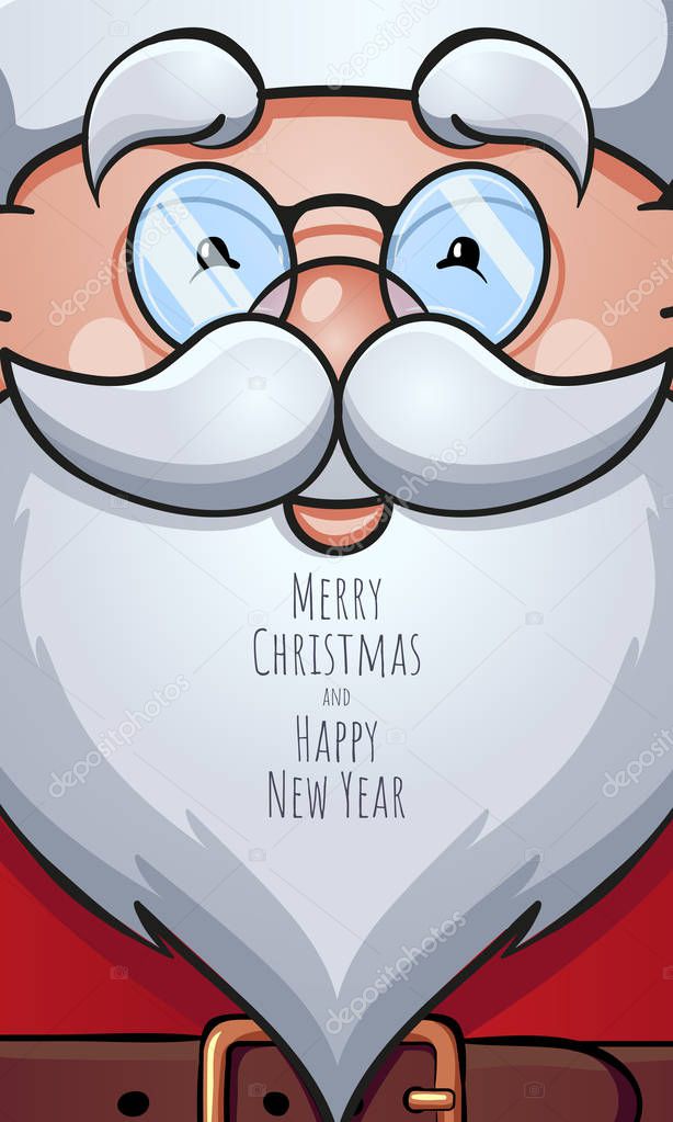 Vector cartoon close-up Santa Claus portrait as Christmas greeting card with congratulations on his beard. New Year message banner.