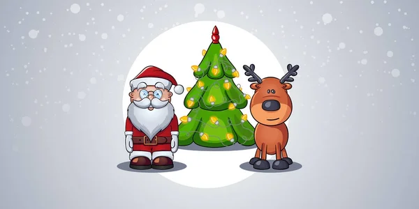 Santa Claus a jelen stojí na pozadí vánoční stromeček mezi padajícím sněhem. Složení tří objektů. — Stockový vektor