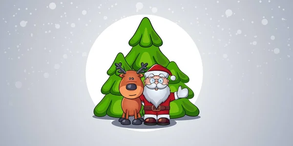 Santa Claus joyous standing and hugging deer in forest against background of three Christmas trees during a snowfall. — Stock Vector