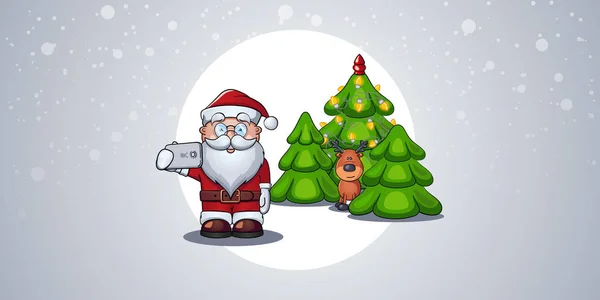 Santa Claus makes selfie with deer on background of trees during snowfall. — Stock Vector