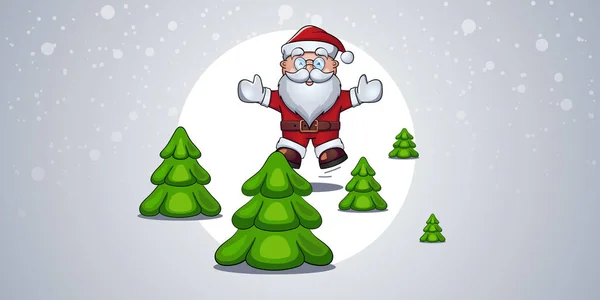 Santa Claus joyfully jumps up and smiles among the Christmas trees in forest during a snowfall. — Stock Vector